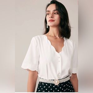 Ruffle Neckline Pearl Button Shirt